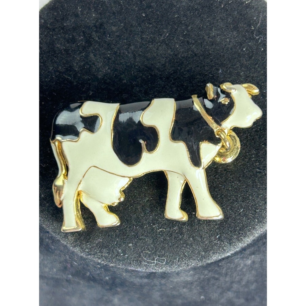 Vintage Cow Pin Brooch W/ Bell Black, White, And Gold Colored Enameled